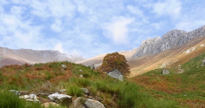 Herbstblick-von-Almhuette-zum-Berggipfel
